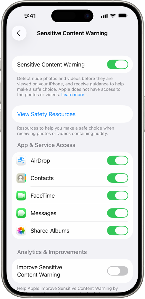 An iPhone showing the Sensitive Content Warning screen.