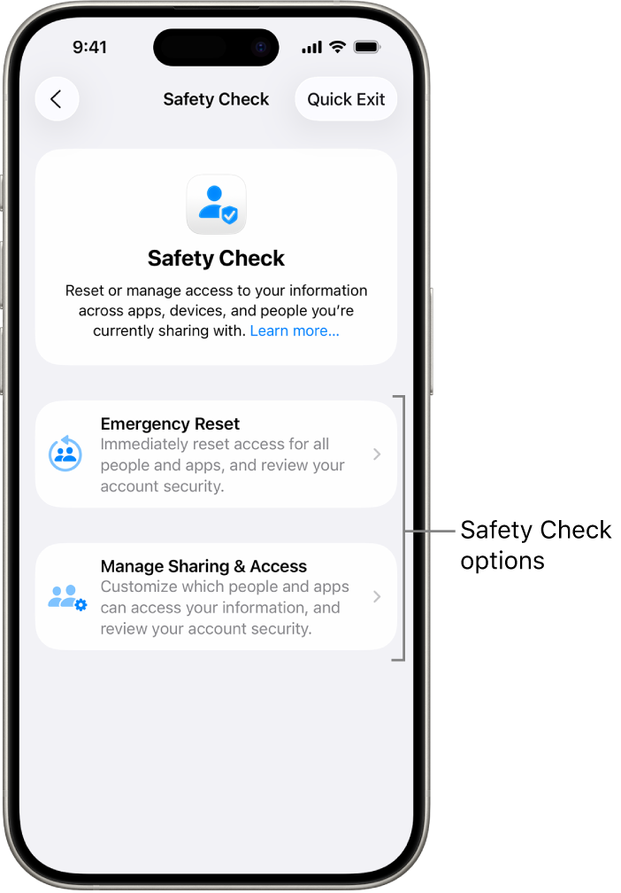 A screen showing the two options available with Safety Check: Emergency Reset and Manage Sharing & Access.