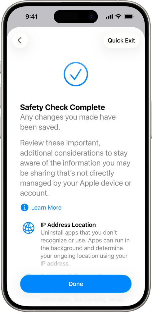 A Safety Check screen showing that the Safety Check is complete.