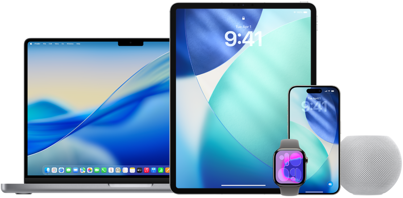 A MacBook Pro, iPad, Apple Watch, iPhone, and HomePod.