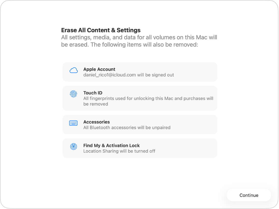 A Mac window showing the Erase All Content and Settings Assistant.