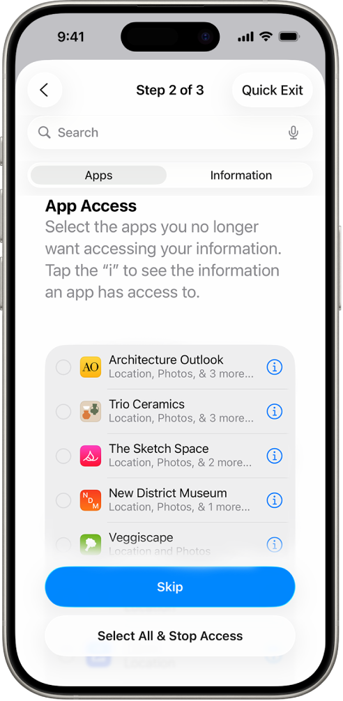 A Safety Check screen showing information shared with specific apps.