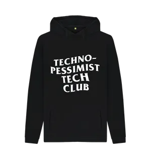 White design on a black T-shirt: TechnoPessimist Tech Club written in a wavy display font Design by Joey Castillo