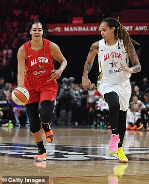 Liz Cambage #8 of Team Wilson brings the ball up the court against Brittney Griner #42 of Team Delle Donne during the WNBA All-Star Game 2019 at the Mandalay Bay Events Center on July 27, 2019 in Las Vegas, Nevada