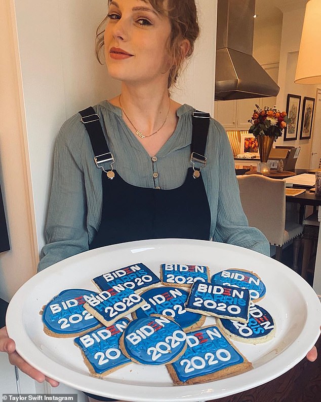 Later in the day she officially declared her support for candidate Joe Biden on Instagram, posting a photo holding a tray of Biden/Harris cookies