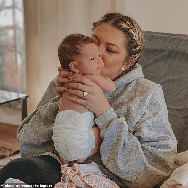 New mom: Stassi joyously welcomed her first child, daughter Hartford, in January; Stassi and Hartford pictured on February 17