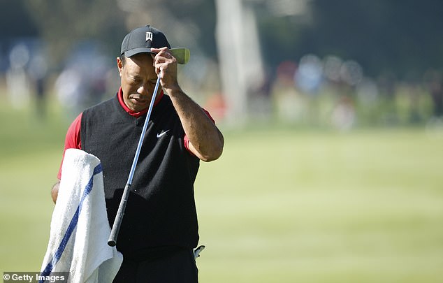 Tiger Woods toiled during the early stages of his final round at the Genesis Invitational Sunday