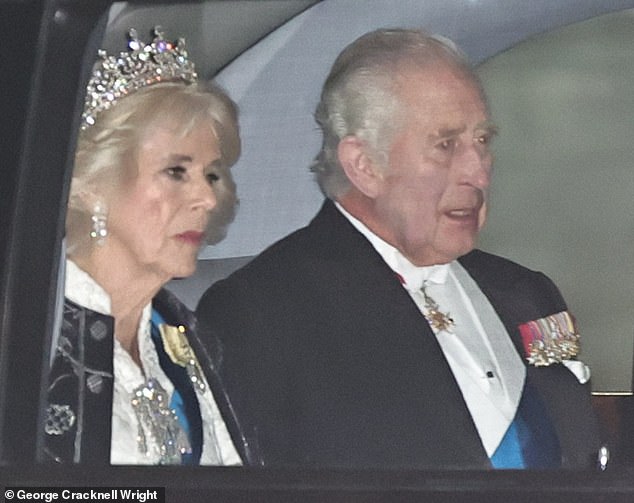 The Queen added a sentimental touch with a Girls of Great Britain and Ireland Tiara with a diamond brooch which belonged to the late Queen Mother and a diamond bracelet which belonged to the late Queen