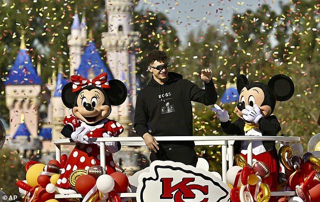 Mahomes greets fans at Disneyland in the traditional post-Super Bowl appearance