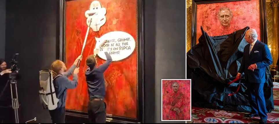 King Charles' first official portrait is vandalised by animal rights activists: Two Animal