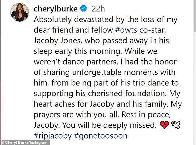 'My heart aches for Jacoby and his family. My prayers are with you all. Rest in peace, Jacoby,' Burke wrote. 'You will be deeply missed'