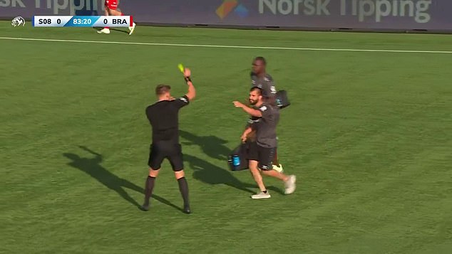 Marius Lien showed a yellow to the physio for going onto the field to treat a player with cramp