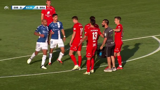 The physio was shown a second yellow for arguing back at the referee after receiving his first booking, with tempers between both sides overflowing as a scuffle ensued between players