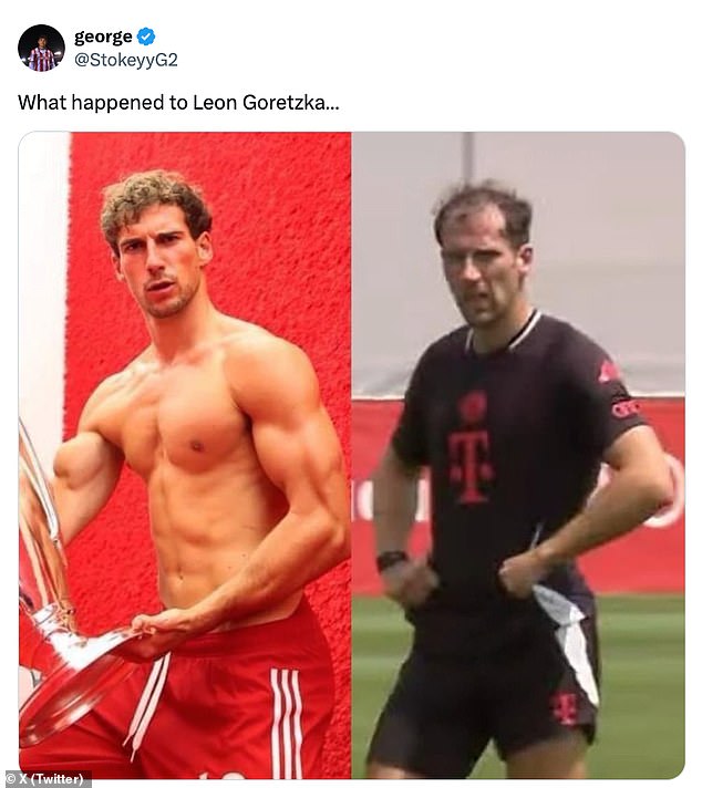 Leon Goretzka pictured (left) back in 2020 and (right) during a training session this month