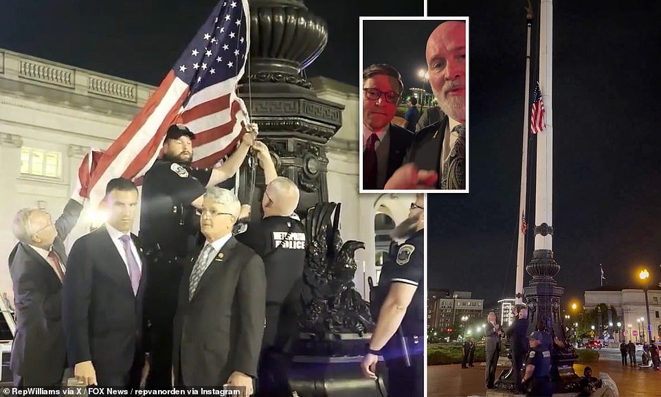 A group of lawmakers including Speaker Mike Johnson marched down to Washington, D.C.'s Union Station on Wednesday evening to replace the American flag that had been torn down and burned in protest of Benjamin Netanyahu's address to Congress. In scenes reminiscent of the fraternity brothers who protected the flag during protests at the University of North Carolina, the group of Republicans, including Reps. Rudy Yakym, Ind., Derrick Van Orden, Wis., Morgan Luttrell, Texas and Brandon Williams, N.Y., hung the flag up and said the Pledge of Allegiance.