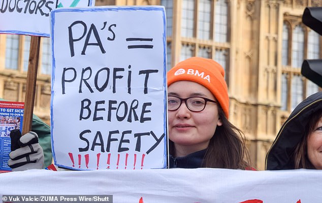 Demonstrators, including doctors, gathered outside Parliament in protest against handing over responsibilities to Physician Associates in London on February 26