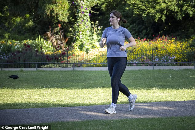 Ms Reeves pictured out jogging at St James Park in Westminster, central London on Sunday