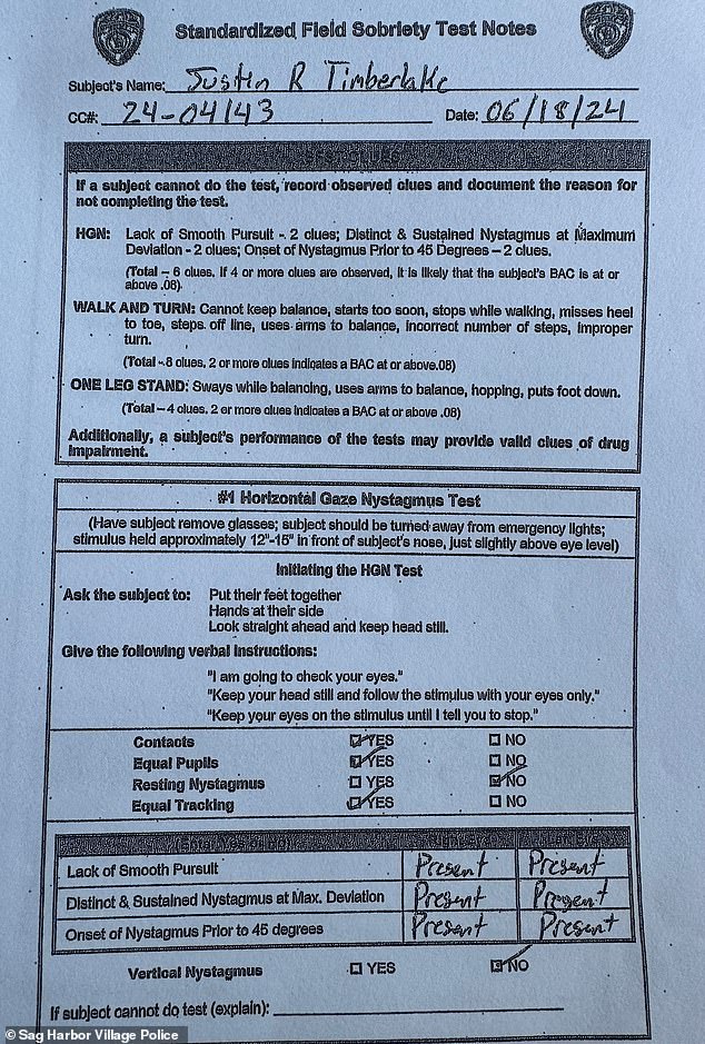 Arkinson's handwritten notes appear to show that the officer followed procedure on the field, determining that Timberlake displayed numerous signs of intoxication