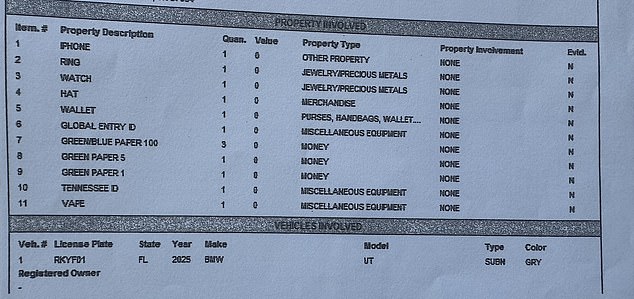 At the police station the officer took inventory of Timberlake's property, which included a Rolex watch, a black vape pen, a gold ring, a wallet which contained $306 in cash