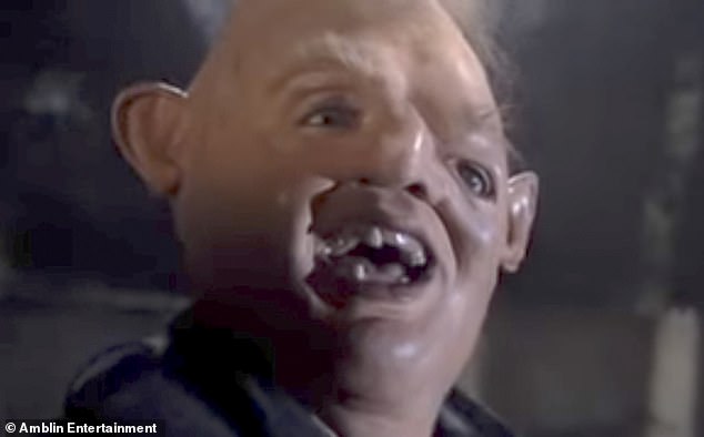 Documenting their recovery from the procedure, which sees hair harvested from other parts of the body placed on the scalp Bimini posted herself with a pic of  Sloth from the The Goonies (pictured) with the text: 'Sign me up for the goonies reboot'.