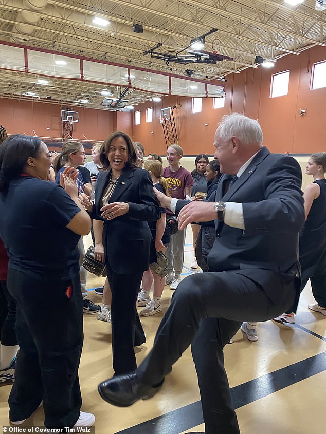 After more than two weeks of speculation, Harris announced on Tuesday her selection of Walz to run on her ticket in November. Pictured: Harris laughs as Walz dances at a high school stop in March 2024