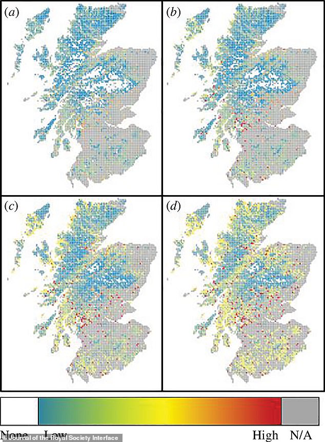 The team developed a model which predicts tick density by 2080 under varying climate change scenarios ¿ including no change in temperature (top left), and a global temperature rise of 1°C (top right), 2°C (bottom left), or 4°C (bottom right)