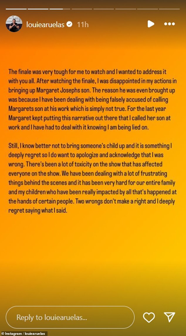 It comes after Louie issued a statement apologizing for the brutal comments he made on the season finale of The Real Housewives of New Jersey