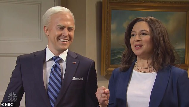 Amid rumors that Maya Rudolph will reprise her role as Harris on the program during the 2024 presidential race, many were left guessing who will be her scene partner in SNL's political skits this election season; pictured in 2021