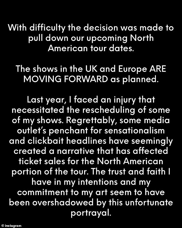 She blamed rescheduled shows from 2023 on an injury, but she appeared to claim the coverage of the cancellations scared fans away from buying tickets