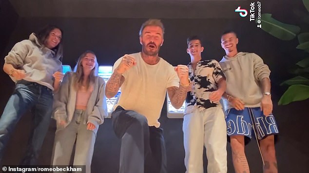 The former Spice Girl, 50, was joined by her husband David, children Romeo and Harper and a friend as they attempted their version of the 'Just Give Me My Money' viral social media trend