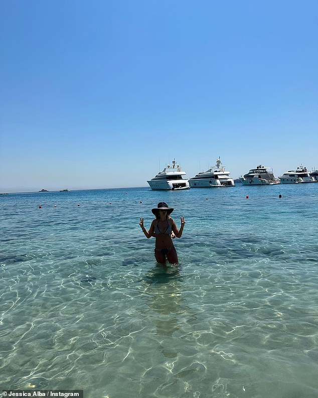 She added: 'Shout out to @MykonosBoatTrips for the best time - they brought us to the most amazing spots, took great care of us + the kiddos & were the kindest crew'