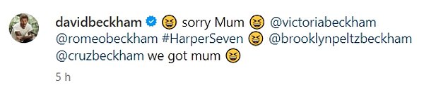 David also made sure to poke fun at his wife as he also reposted it with the caption: 'sorry Mum @victoriabeckham @romeobeckham #HarperSeven'