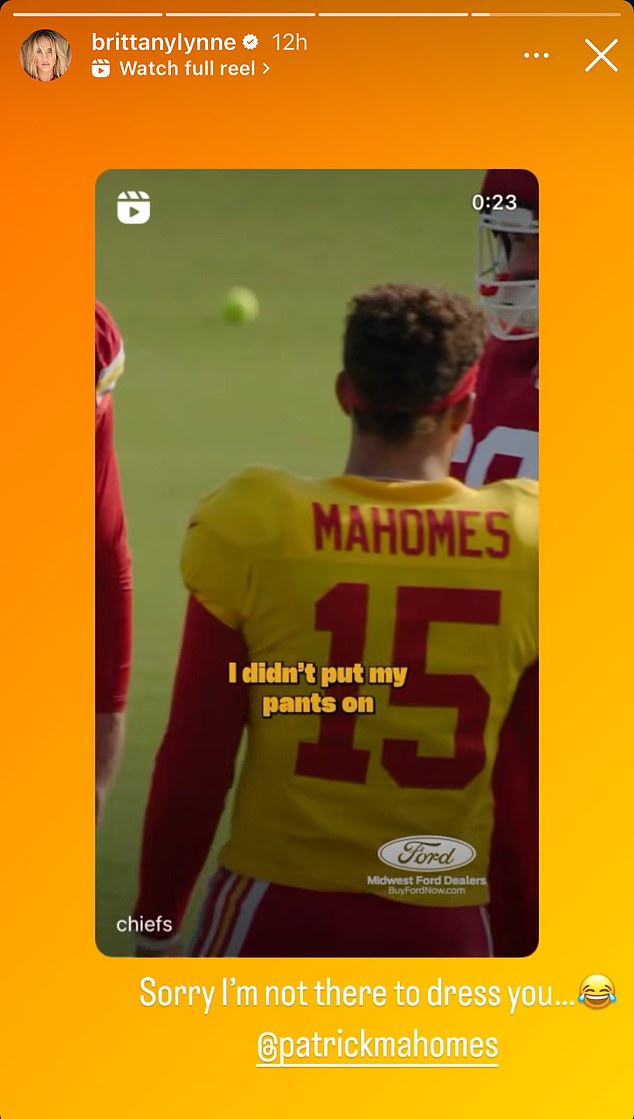 Brittany posted the video from the Chiefs Instagram on her story