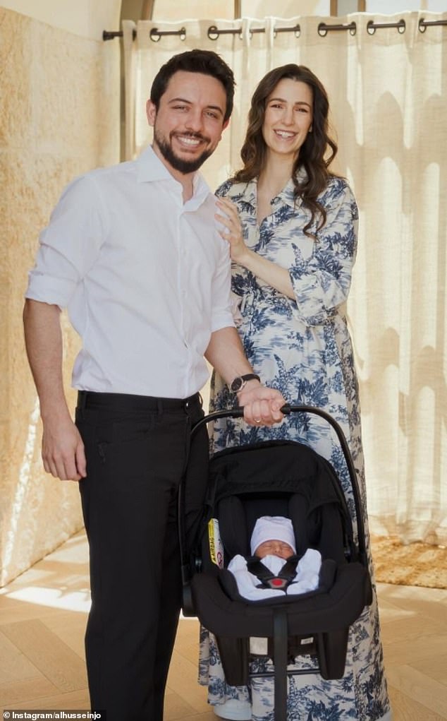 Princess Rajwa was glowing as she smiled for the camera with Prince Hussein and newborn Princess Imam