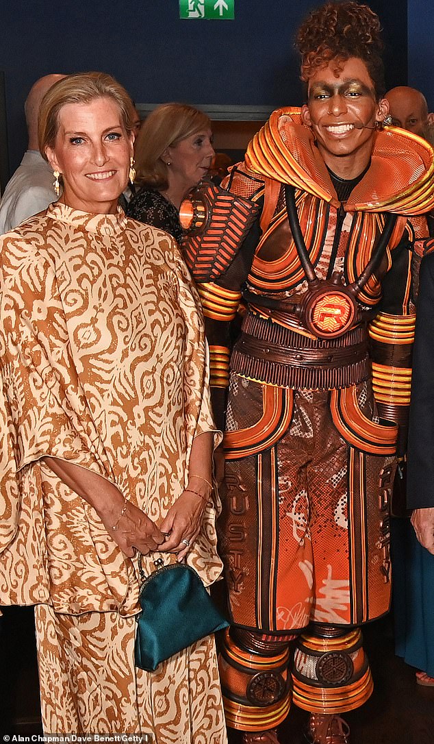 Sophie, Duchess of Edinburgh pictured with Starlight Express cast member Jeevan Braich at the Troubadour Wembley Park Theatre on August 7