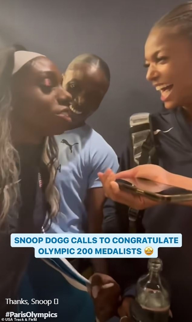 Feeling excited over her accomplishments at the games and to be talking to the Doggystyle star himself, Brown (left) made a point of letting the superstar rapper know she's from Pomona, California , which is just 45 miles northeast of his hometown of Long Beach, California