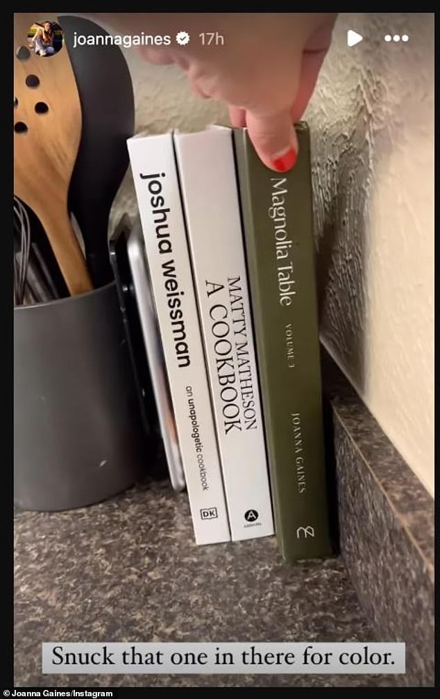 Gaines (born Stevens) made sure to sneak a copy of her 2013 cookbook Magnolia Table, Volume 3 on to Drake's shelf 'for color.'