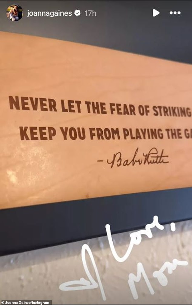 The avid baseballer mounted a decorative wooden board featuring a quote from the late, great New York Yankees outfielder Babe Ruth, which read: 'Never let the fear of striking out keep you from playing the game'