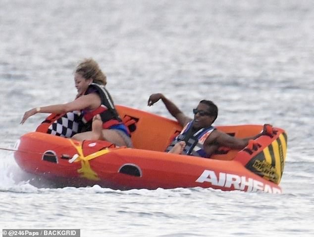 She and A$AP then jumped on the Great Big Mable Sofa Inflatable for a thrill-seeking ride out to sea