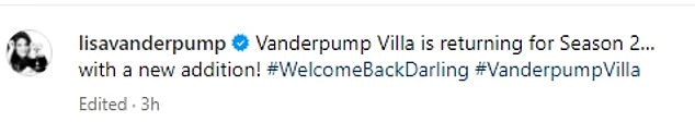 Lisa, 63, made the shock announcement in an Instagram video on Friday, holding up a glass of champagne and saying: ' Well hello there, I want to welcome you back to Vanderpump Villa season 2. Now, I am sitting here and I'm thinking, "What should I put on the menu?¿ Any ideas?¿