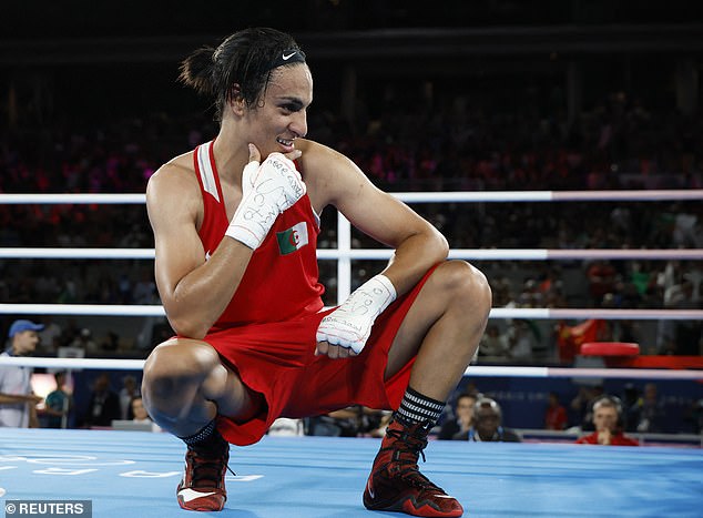 Khelif, the heavy pre-fight favourite, won every round with every judge tonight and raised her arm in a mock military salute before being carried around the ring on her coach's shoulders