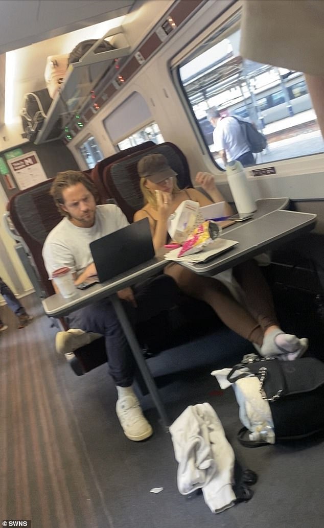 Margot Robbie stunned train staff after she tucked into her Pret sandwich on a train en route to Edinburgh as she was joined by her husband Tom Ackerley