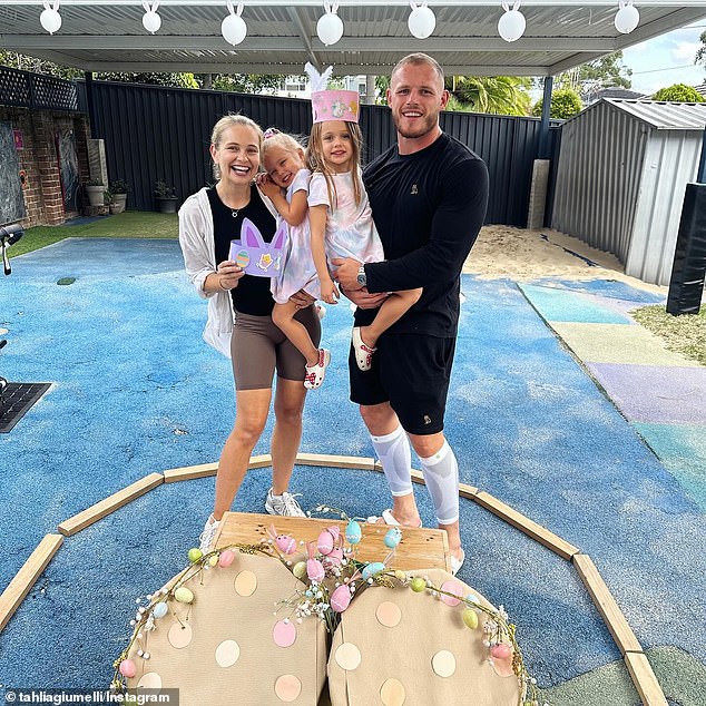 Tom Burgess and his wife Tahlia Giumelli have welcomed their third child. Pictured with their two older children