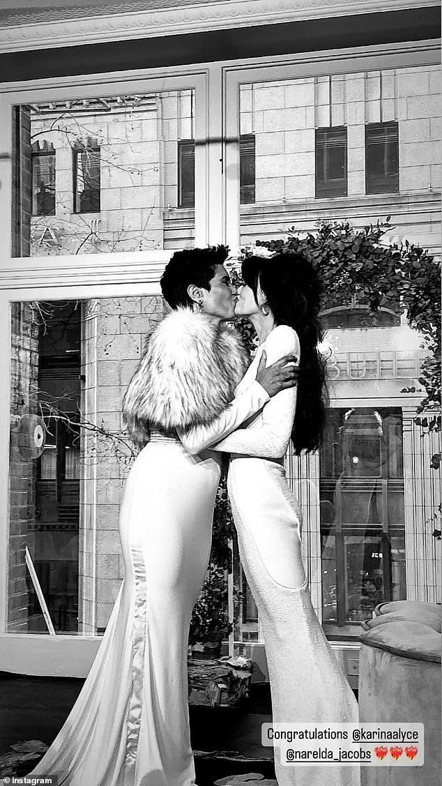 Narelda and her new wife each opted for white ensembles, with the TV star choosing a fitted gown with fur accents from Aussie luxury label Zhivago