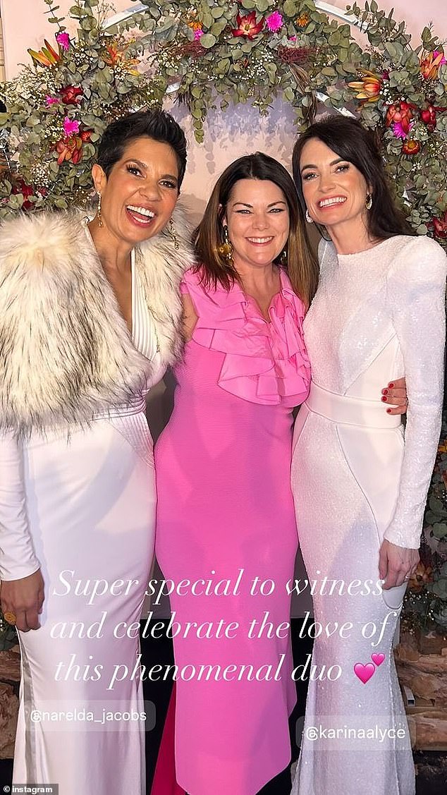 Karina's dress included an open back and reached floor length, with a slight shimmer to the fabric. Pictured with Senator Sarah Hanson-Young (centre)