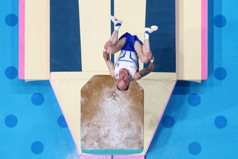 Oleg Verniaiev of Ukraine in action on the vault.