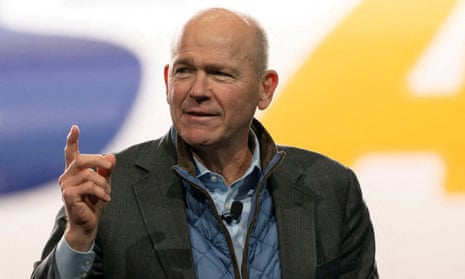 Dave Calhoun, chief executive of Boeing, speaks on stage during the delivery of the final 747 jet at their plant in 2023.