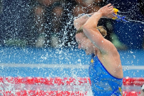 Sarah Sjöström of Sweden celebrates after winning the women's 100m freestyle final.