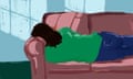 An illustration of a person wearing a green shirt and jeans lying on a couch