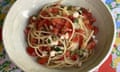 Rachel Roddy's pasta alla checca – pasta with a raw tomato, mozzarella, herb and olive sauce.